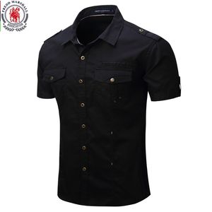 2021 Ankomst Mens Lastskjorta Män Casual Shirt Solid Kortärmad T-shirts Multi Pocket Arbetskjorta Plus Storlek 100% Bomull 220218