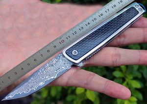 1Pcs New Damascus Flipper Folding Blade Knife VG10 Damascus Steel Drop Point Blade Carbon Fiber + Steel Sheet Handle Knives