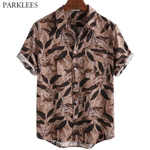 Мужская рубашка с принтом листьев в стиле ретро, гавайские пляжные праздничные летние рубашки для мужчин, повседневная мужская рубашка на пуговицах с коротким рукавом и карманом C1210