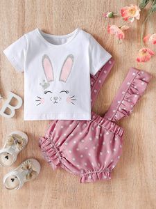 T-Shirt mit Baby-Kaninchen-Print, gepunktete Trägershorts mit Rüschenbesatz SIE