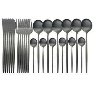 JANKNG 24Pcs Black Matte Cutlery Set Stainless Steel Dinnerware Knife Fork Spoon Dinner Kitchen Flatware Tableware 211223