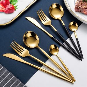 24pcs / 세트 블랙 골드 식기 세트 세트 스테인레스 스틸 칼 붙이 세트 나이프 포크 숟가락 Flatware Tableware Silverware 드롭 배송 201130