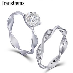 Transgems Solid 14k White Gold Engagement Bridal Set 2CT 8mm Utmärkt VVS F Color Ring Set för Women Wedding Present Y200620