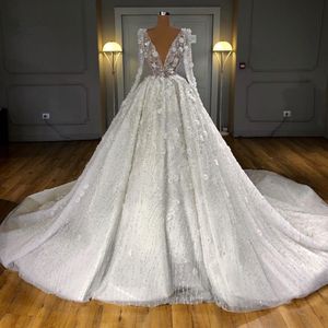 Luksusowe Dubaj Błyszczące Zroszony Suknie Ślubne Pełne Rękawy 3D Kwiat Suknia Ślubna Kryształowe Suknie Ślubne 2020