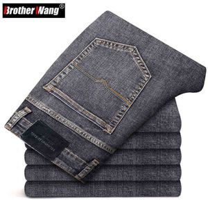 Plus storlek 40 42 44 höst män grå rakben jeans affärer avslappnad bomull stretch denim byxor manlig varumärke kläder g0104