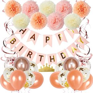 1 Set Rosa Happy Birthday Luftballons Banner Flauschige Blumen Geburtstagsparty-Dekorationsset