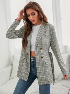 Plaid Print Double Breasted Belted Blazer y6Np#