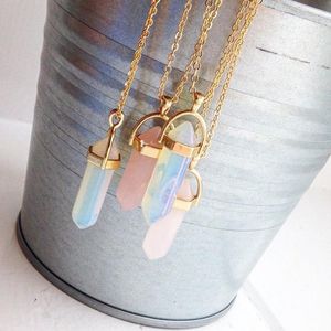 Pendant Necklaces Fashion Hexagonal Column Quartz Pendants Gold Chain Natural Stone Crystal Necklace For Women Jewelry1