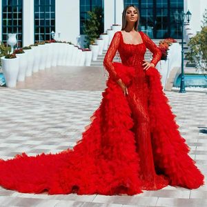 Luksusowe sukienki czerwone syrenki z odłączanym pociągiem z długim rękawem Suknie Vestidos Dostosuj formalne suknie celebrytowe