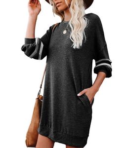 Moda New Womens Midi Z Długim Rękawem O-Neck Długa Spódnica Party Pullover Casual Sexy Suknie Boasteed Rozmiar S-XL