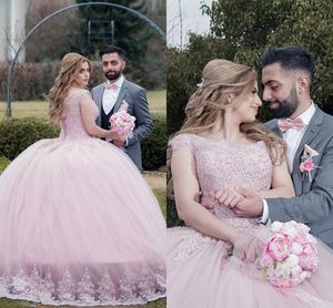 Blush Pink Wedding Dress Wedding Dresses 2021 Ball Gown Lace Applique Beaded Boat Neckline Lace-up Tulle Bridal Gowns abiti da sposa