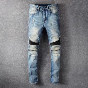 Мужские джинсы модной уличной одежды Мужчины ретро синий эластичный тонкий пригонки разорвал панк брюки лоскутное покрытие дизайнерский дизайнер хип-хоп байкер брюки