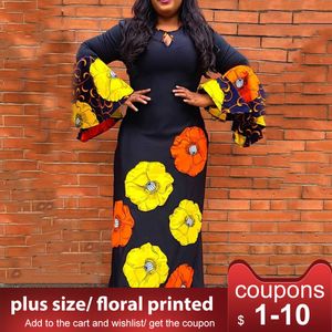 Afrikanische Lose Frauen Plus Größe Flare Hülse Blumen Druck A-Line Kleid Lange Maxi Weibliche Kleider Robe Vestiods Elegante LJ200818