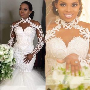 Luxury African Lace Mermaid Wedding Dresses New 2021 Beaded Pearls Long Bridal Gown High Neck Illusion Long Sleeves Retro Vestido de novia