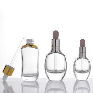 Flat Round Clear Glass Essential Oil Perfume Bottles Flytande Reagent Pipettera Dropperflaska 15 ml 30 ml Silver / Gold Cap