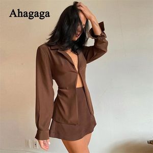 Ahagaga Herbst Wrap Hüfte Mini Rock + Blazer Anzüge Frauen Mode 2 Stück Langarm Satin Casual Büro Weibliche Set kostüm 220302