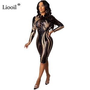 فساتين غير رسمية Liooil ترتر مثير شبكي شفاف Bodycon ميدي فستان 2021 خريف وشتاء كم طويل يرى من خلال ضيق امرأة حفلة ليلة نادي