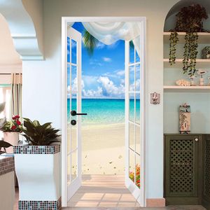 Photo Wallpaper 3D Stereo Window Beach Seaside Landscape Mural PVC Self Adhesive Door Sticker Living Room Bedroom Home Decor 3 D 201009