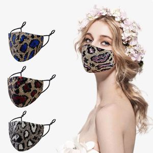 Designer Fashion Maschere per il viso con stampa leopardata con paillettes Maschera in tessuto a doppio strato prevenzione della polvere e della foschia con passante regolabile fy9240