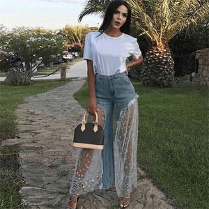 Sexy Women Wide Leg Pants Sheer Mesh Star Print Splice Denim Pants High Waist Casual Loose Pants Jeans Fashion Party Trousers LJ200811