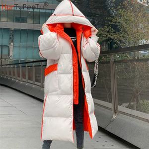 Kadın Ceket Kış Şık Parlak Ayrılabilir Kapüşonlu Uzun Ceket Kore Stil Boy Gevşek Cepler Renk Blok İpli 201214