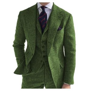 Herren Business 3-teilige Anzüge aus grüner Wolle, Retro, klassisches Fischgrätenmuster, Bräutigam, Tweed-Smoking für Hochzeit (Blazer + Hose + Weste) 201106