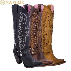 New Vintage Fashion Women s Vagabond Harness Western Boots Leather Embroidery Cowgirl Snip Toe Knight Boots Woman Large Size1