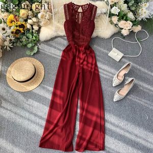 Gaganight Lace Mulheres Sólidas Jumpsuit Sem Mangas Slim Office Senhora Jumpsuits Backless Bodysuit Patchwork Largura Pants Calças Corean Chic T200509