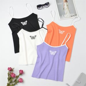 Summer Women Knit Embroidered Butterfly Tank Crop Tops Girls Knitted Camisole Sleeveless Tee shirts Spaghetti Strap Camis Female 210601