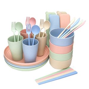 Wheat Straw Bowl Cup Plate Knife Fork Spoon Chopsticks 28 Piece Set Cutlery Combination Portable Cutlerys Sets WH0264