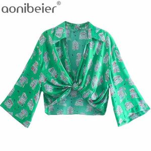 Green Printed Women Casual Blouses Summer Fashion Drop Shoulder Loose Short Shirt Knot Hem Open Front Female Crop Tops 210604