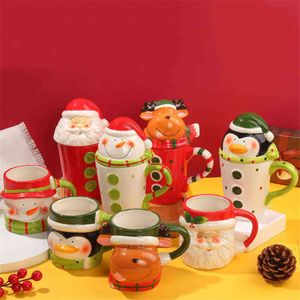Christmas Ceramic Tea Mugs 350 Ml Funny Travel Coffee Mug Cute Tumbler Santa Claus Snowman Penguin Elk Girls Boys Friends Gifts G1126