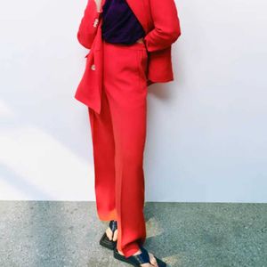 ZA 2021 Yaz Kadın Yeni Moda Kırmızı Geniş Bacak Pantolon Vintage Yüksek Elastik Bel Kadın Pantolon Mujer Q0801