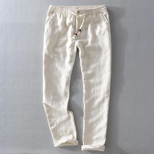 Calças masculinas de linho puro homens casual sólido branco reto respirável moda confortável comprimento calças macho outono calça