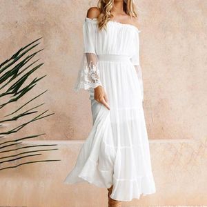 Summer Fashion White Dress Beach Women Off Shoulder Lace Patchwork Solid Color Long Flare Sleeve Maxi Casual Dresses