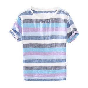 Män Tshirt Striped Short Sleeve Tee 100% Ren Linne O-Hals Toppar Sommar Casual Trend T-shirts Man Mode Kläder 210601