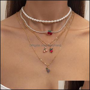 Beaded Necklaces & Pendants Jewelry European Fruit Series Crystal Pendant Stberry Cherry Grape Pearl Chain Women Mti Layer Party Thin Clavic