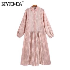 Kpytomoaの女性シックなファッション中空アウト刺繍のMidi Shirt Dressビンテージランタンスリーブボタンアップ女性ドレスvestidos 210706