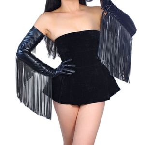 TECH LONG GLOVES Faux Leather PU 28" 70cm Black Long Fringe Tassel Arms Women's Gloves Touchscreen WPU168 211026