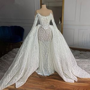 Więcej Perły Luksusowe Syrenki Suknie Ślubne Koronkowe Aplikacje Cekiny Illusion Bridal Suknia Custom Made Odpinany pociąg Szaty De Mariée