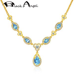 BLACK ANGEL Shiny 18K Gold Luxury Blue Topaz Gemstone Water Drop Ruby Emerald Pendant Wedding Necklace For Women Jewelry Gift Q0531