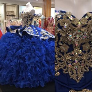 2021 Royal Blue Embroidery Luxury Quinceanera Dresses Ball Gown Off Shoulder Lace Crystal Beading Plus Size Ruffles Tiered Sweet 16 Formal Party Prom Evening Gowns