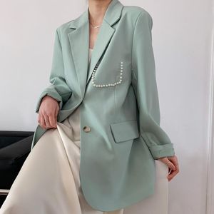 Kadın Suit Blazers Koreli Kadınlar Nane Yeşil Bahar Sonbahar 2021 Moda İnci Gevşek Büyük Cepler Bayanlar Takım ceket çentikli yakalı uzun SL