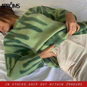 Aproms Elegant Green Striped Print Oversized Pullover Winter O-Neck Loose Long Sweaters Streetwear Warm Outerwear 210922