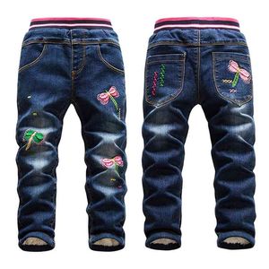 Moda zima Ciepłe dżinsy dla dziewczyn Cute Dragonfly Dinim Spodnie Dżinsowe Dzieci Dodaj wełny Mycie Blue Toddler Skinny Legginsy 210622