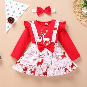 Kleidung Sets Weihnachtskinder Mädchen Röcke Set 3 stücke Outfits Rüschen Langarm Rentier Tops Hosenträger Rock Stirnband Anzug Kleinkind Baby 1-4t