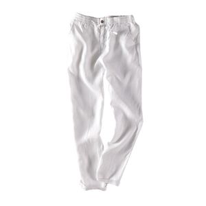 100% Leinen Männer Casual Pants Solid White Gerade Atmungsaktiv Mode Komfortable Ganzkörperansicht Männliche Hose Sommer Lose Kleidung 210715