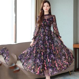 Цветочные печать шифоновые платья женщины корейские весенние лето длинное Maxi платье O-шеи с длинным рукавом Урожай вечеринка платье плюс размер 3xL A891 x0521