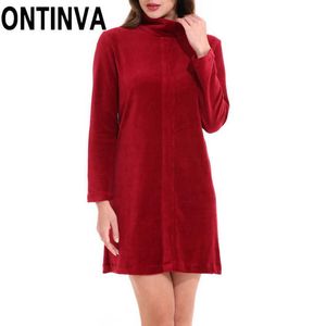 Clearance Frauen Rollkragen Winter Samt Kleid S M L XL 2XL Weibliche Warme Velour Reißverschluss Lange Ärmel Kleider Kleidung Roben tuniken 210527