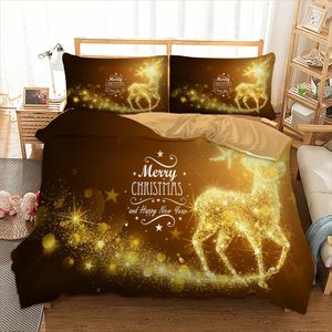 Golden Elk Christmas Duvet Quilt Cover Set Santa Claus Deer Tree Bedding Set Twin Full Queen King Sängkläder för barn Vuxna 210309